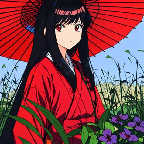 masterpiece, best quality, flat color, limited palette, low contrast, 1girl, hakama, long straight black hair, lycoris flower field, umbrella, (red, black), looking up, ligne claire