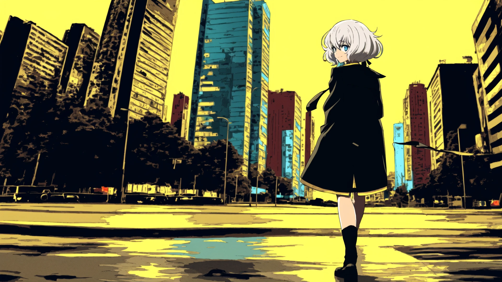(((masterpiece))),(((bestquality))),(((ultra-detailed))),((detailedlight)),(((Medium Full Shot))),flat color, limited palette, low contrast, ((1980s)),
(((1girl))),((solo)), ((full body)), white hair,((beautiful detailed eyes)),((konno junko)),trench coat,back turned, back, hands in pockets,
white hair,disheveled hair, black ribbon,blue eyes,small breasts, light smile, ((arms behind back)),
((cityscape)),((cyberpunk)), neon lights, street, skyscraper, neon palette, walking, rain, expressionless,