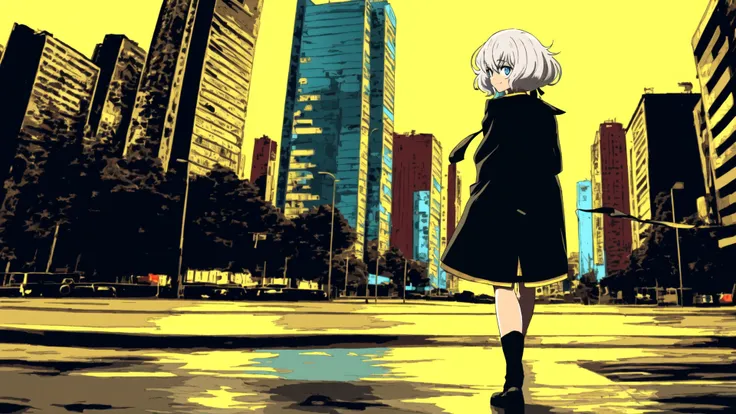 (((masterpiece))),(((bestquality))),(((ultra-detailed))),((detailedlight)),(((Medium Full Shot))),flat color, limited palette, low contrast, ((1980s)),
(((1girl))),((solo)), ((full body)), white hair,((beautiful detailed eyes)),((konno junko)),trench coat,back turned, back, hands in pockets,
white hair,disheveled hair, black ribbon,blue eyes,small breasts, light smile, ((arms behind back)),
((cityscape)),((cyberpunk)), neon lights, street, skyscraper, neon palette, walking, rain, expressionless,