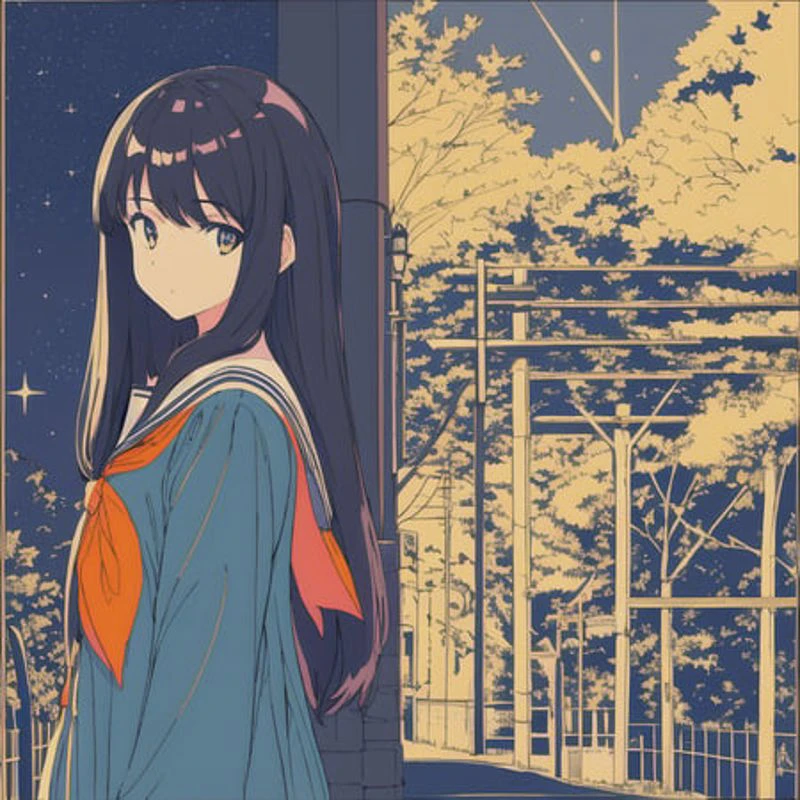 masterpiece,((ligne claire)), limited palette, best quality, flat color, low contrast, ((1girl)),(((an extremely delicate and beautiful girl))),(beautiful detailed face),(beautiful detailed eyes),{long straight black hair},hair ribbon, school sailor uniform , full body, standing,((looking at viewer:1.6)), beautiful detailed galaxy night sky, bright sky, starry sky, sunset, (detailed light), street signs, street light, depth of field, border, way to school, black, yellow, blue, orange, haze