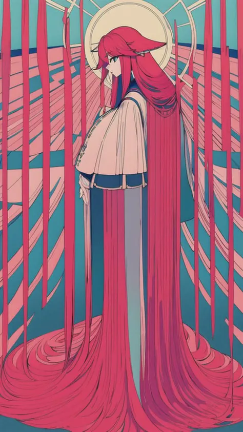masterpiece, best quality, flat color, limited palette, low contrast, (ligne claire),sfw,1girl,(yae miko, full body,perfect face,perfect hand,perfect eyes),pink hair,halo,lycoris flower field