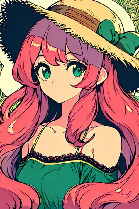 masterpiece, best_quality, flat_color, limited_palette, low_contrast,(ligne claire),forest_girl, natural_style, vintage_fashion, 1girl, long_wavy_hair, floral_print, pastel_colors, lace_details, straw_hat, dreamy_expression, (green, beige, light_pink), nature_background