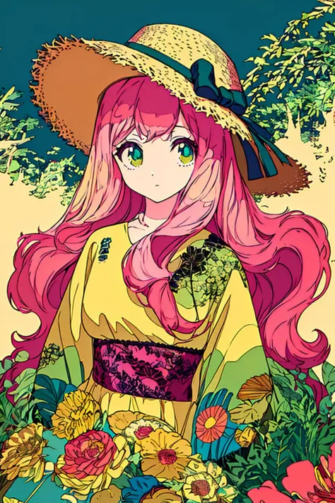 masterpiece, best_quality, flat_color, limited_palette, low_contrast,forest_girl,(ligne claire), natural_style, vintage_fashion, 1girl, long_wavy_hair, floral_print, pastel_colors, lace_details, straw_hat, dreamy_expression, (green, beige, light_pink), nature_background