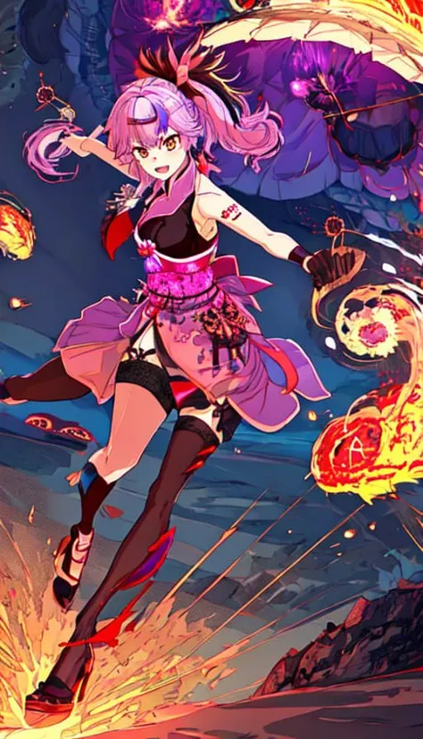 side ponytail, umbrella, 1girl,  Surrounded by flames, action shot, unity, 4k, phoenix, epic battle, <lora:towerOfFantasyLan_10:.9>, 1girl, animal_ears, bare_shoulders, breasts, burning, black qipao, explosion, fire, flame, high_heels, holding_umbrella, long_hair, oil-paper_umbrella, parasol, pink_hair, purple_hair, solo, thighhighs, umbrella, short_hair   <lora:FirevfxCreateMore_v2:.75>