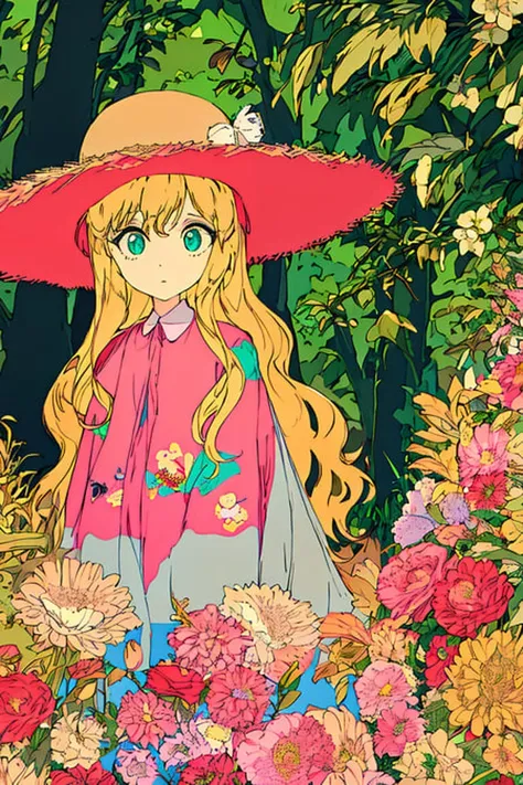 masterpiece, best_quality, flat_color, limited_palette, low_contrast,(ligne claire),forest_girl, natural_style, vintage_fashion, 1girl, long_wavy_hair, floral_print, pastel_colors, lace_details, straw_hat, dreamy_expression, (green, beige, light_pink), nature_background