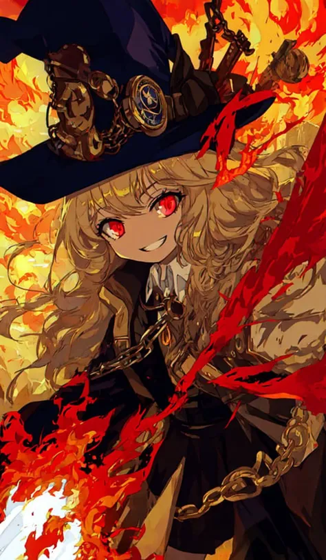 masterpiece, best quality, ultra-detailed, 1girl, from side, upper body, face focus, close-up
limited palette, high contrast,
red eyes, blonde hair, crazy smile, crazy smile,
magnificent, witch hat, gloves, pocket watch, black clothes, black clothes, golden chain, skirt, knee boots,
red beam, red effects, chaos, surrounded by flames,
dusk, city, ruins, castle, clock tower,
<lora:pastelMixStylizedAnime_pastelMixLoraVersion:1>, <lora:maplestoryStyle_v30:1>