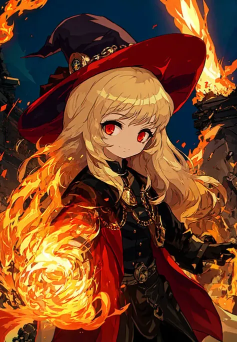 masterpiece, best quality, ultra-detailed, illustration, 1girl, focus on character, upper body, from side, close to the camera
magnificent, witch hat, red eyes, blonde hair, crazy smile, gloves, pocket watch, black clothes, crazy smile, black clothes,
golden beam, flame effects, chaos, surround by flame,
city, ruins, dusk
<lora:pastelMixStylizedAnime_pastelMixLoraVersion:1>, <lora:maplestoryStyle_v30:1>