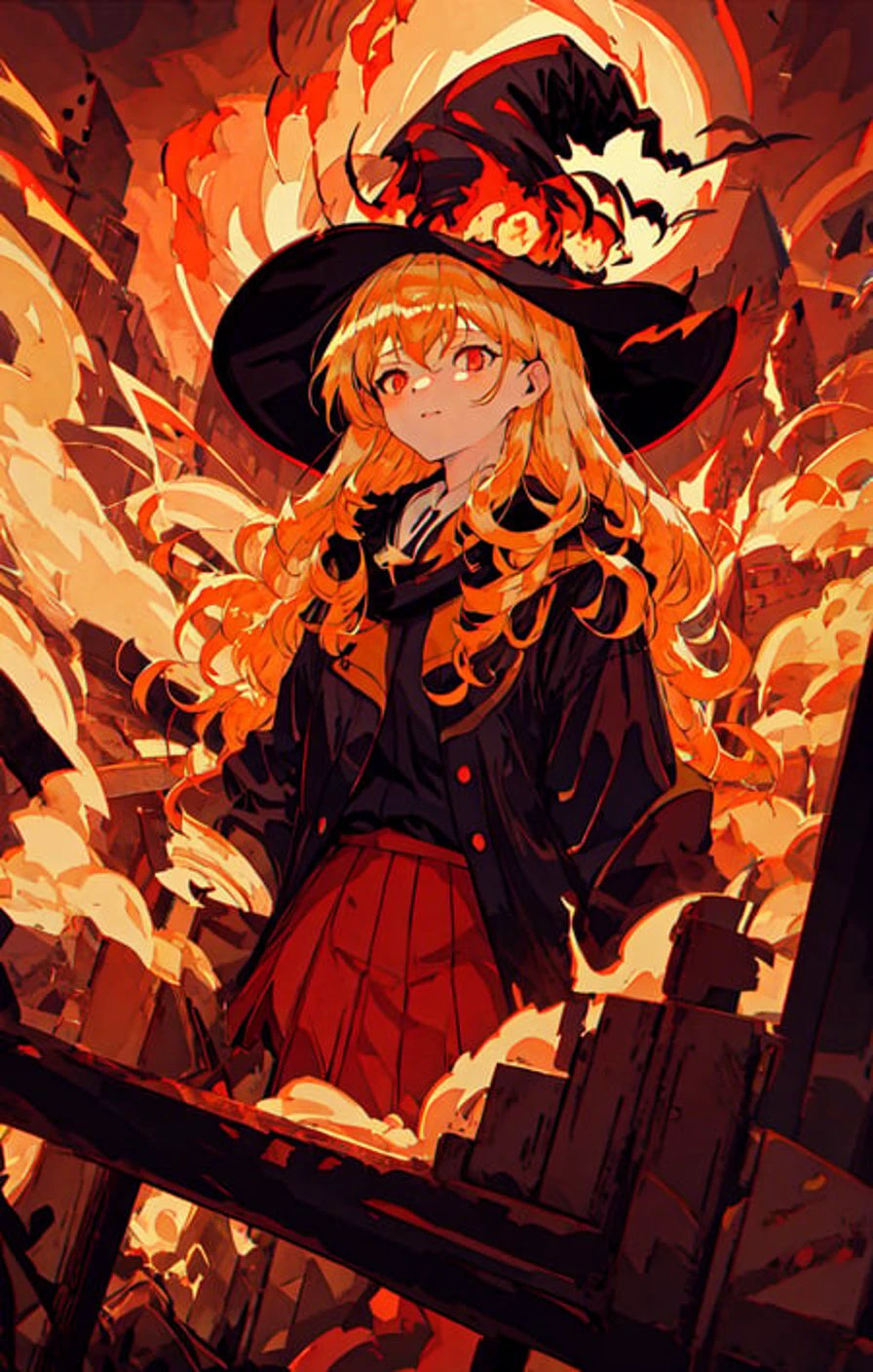 masterpiece, best quality, ultra-detailed, illustration, 1girl,upper body,
high contrast, chromatic aberration, limited palette
magnificent, witch hat, red eyes, blonde hair, red beam, red effects, chaos, long hair, skirt, surrounded by flames, dynamic pose
city, dusk, runis
<lora:pastelMixStylizedAnime_pastelMixLoraVersion:1> <lora:gachaSplashLORA_gachaSplash31:1>