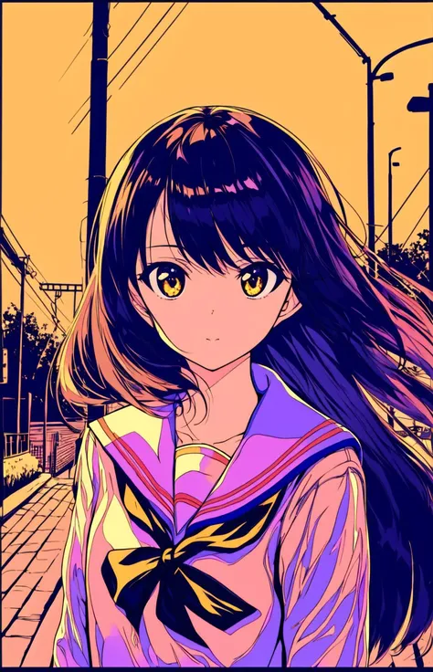 masterpiece,((ligne claire)), limited palette, best quality, flat color, low contrast, ((1girl)),(((an extremely delicate and beautiful girl))),(beautiful detailed face),(beautiful detailed eyes),{long straight black hair},hair ribbon, school sailor uniform , full body, standing,((looking at viewer:1.6)), beautiful detailed galaxy night sky, bright sky, starry sky, sunset, (detailed light), street signs, street light, depth of field, border, way to school, black, yellow, blue, orange, haze