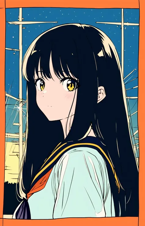 masterpiece,((ligne claire)), limited palette, best quality, flat color, low contrast, ((1girl)),(((an extremely delicate and beautiful girl))),(beautiful detailed face),(beautiful detailed eyes),{long straight black hair},hair ribbon, school sailor uniform , full body, standing,((looking at viewer:1.6)), beautiful detailed galaxy night sky, bright sky, starry sky, sunset, (detailed light), street signs, street light, depth of field, border, way to school, black, yellow, blue, orange, haze