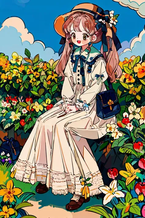 <lora:GuihuagaoSomeSortOf_v10:1> best quality, masterpiece, extremely detailed, detailed background, 1girl, flower, solo, smile, open mouth, twintail, long hair, ribbon, bag, hat, yellow flower, brown eyes, :d, bow, orange flower, blush, full body, green ribbon, frills, bangs, standing, white flower, apple, garden, sitting