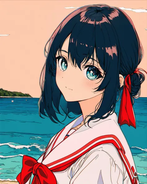 masterpiece, ((ligne claire)), limited palette, best quality, flat color, low contrast, flat color, high contrast, chromatic aberration,
((1girl)),(((an extremely delicate and beautiful girl))),(beautiful detailed face),(beautiful detailed eyes),{long straight black hair},hair ribbon, school sailor uniform ,
full body, standing,((looking at viewer:1.6)), (detailed light), blue sky, coconut tree, ocean, beach, white cloud