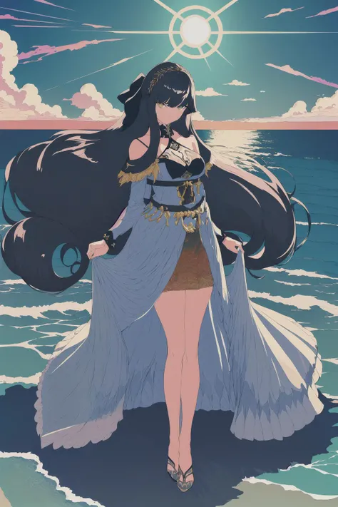 masterpiece,((ligne claire)), limited palette,best quality, flat color, low contrast, ((1girl)),(((an extremelydelicateandbeautifulgirl))),(beautiful detailed face),(beautiful detailed eyes),{long hair},hair ornamen,((middle breasts)),long black hair,hair ribbon, knee length dress , standing,((looking at viewer:1.6)), view from below , beautiful detailed sky , bright sky , cloudy sky , sunlight , (detailedlight) , lighting , colorful , ocean , beach , bridge , sky scraper , autumn , haze