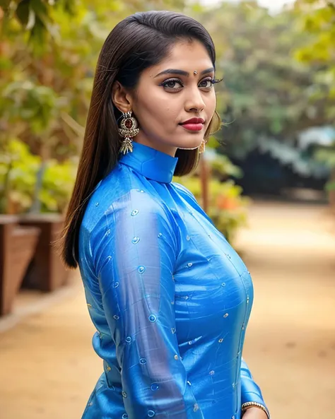 ultra-realistic hires photo of a (supu woman), looking looking at viewer, elegant high neck blue Pants_kurta, fashion shoot, telephoto shot camera angle, ((lipstick)), fashion photography with beautiful bokeh  <lora:supu_Surabhi_Puranik_old_adafactor:1>