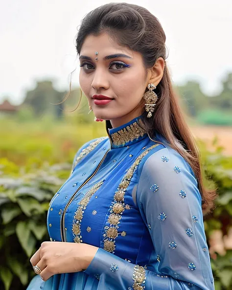 ultra-realistic hires photo of a (supu woman), looking looking at viewer, elegant high neck blue Anarkali Suit, fashion shoot, Long shot camera angle, ((lipstick)), fashion photography with beautiful bokeh <lora:supu_Surabhi_Puranik_old_adafactor:1>