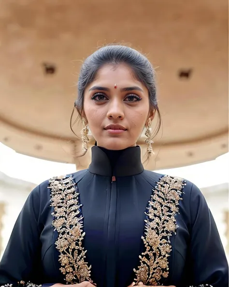 ultra-realistic hires photo of a (supu woman), looking looking at viewer, elegant high neck Abaya Style Suit, fashion shoot, Fisheye-shot camera angle, fashion photography with beautiful bokeh <lora:supu_Surabhi_Puranik_old_adafactor:1>