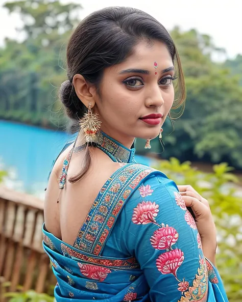 ultra-realistic hires photo of a (supu woman), looking looking at viewer, elegant high neck blue Kalamkari Dress (hand-painted fabric), fashion shoot, Over-the-shoulder shot camera angle, ((lipstick)), fashion photography with beautiful bokeh <lora:supu_Surabhi_Puranik_old_adafactor:1>