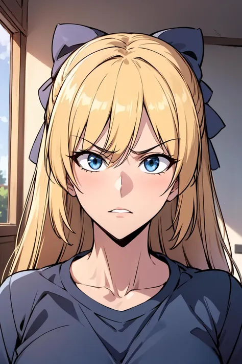 masterpiece, best quality, 1girl, solo, <lora:Teresa-000005:0.6> thg-teresa, long hair, blonde hair, blue eyes, bow, hair bow, blue bow BREAK school uniform, black shirt, portrait, angry