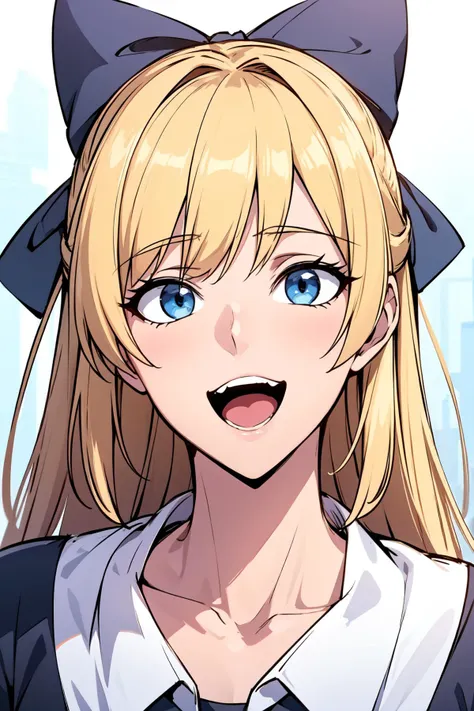 masterpiece, best quality, 1girl, solo, <lora:Teresa-000005:0.6> thg-teresa, long hair, blonde hair, blue eyes, bow, hair bow, blue bow BREAK school uniform, black shirt, portrait, smile, open mouth