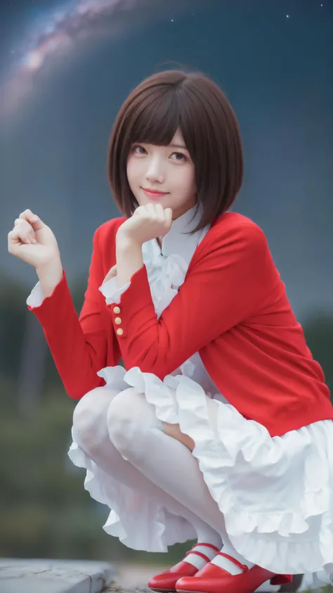 Smile, (Close up:1.2), White stockings, masterpiece, best quality, White dress, Brown hair, <lora:megumi-katou-cosplay:0.7>, megumi-katou-cosplay, Red jacket, Frills, (Layered:1.0), Beautiful night, stars on sky, (land), (night theme:1.2), (Official_wallpaper:1.3), (Nebula in sky:1.3), (Iselestia room background:1.3), Squat