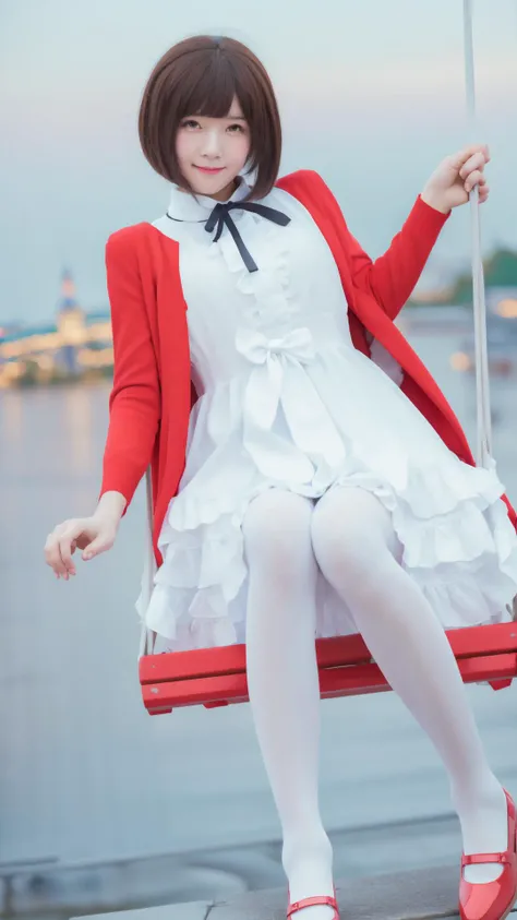 Smile, (Close up:1.2), White stockings, masterpiece, best quality, White dress, Brown hair, <lora:megumi-katou-cosplay:0.7>, megumi-katou-cosplay, Red jacket, Frills, (Layered:1.0), Beautiful night, stars on sky, (land), (night theme:1.2), (Official_wallpaper:1.3), (Nebula in sky:1.3), (Saint-petersburg palace bridge:1.3), (Swing bridge:1.3)
