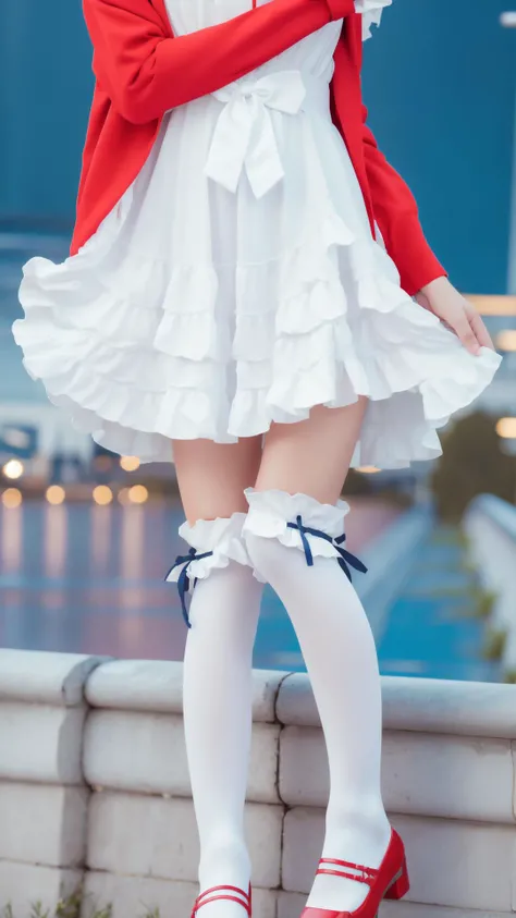 Smile, (Close up:1.2), White stockings, masterpiece, best quality, White dress, Brown hair, <lora:megumi-katou-cosplay:0.7>, megumi-katou-cosplay, Red jacket, Frills, (Layered:1.0), Beautiful night, stars on sky, (land), (night theme:1.2), (Official_wallpaper:1.3), (Nebula in sky:1.3), (Palace petersburg bridge:1.3)