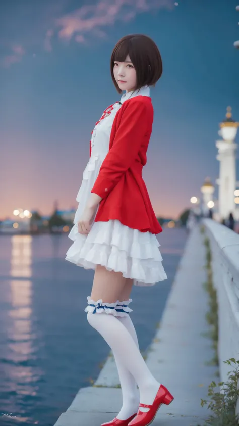Close look, White stockings, masterpiece, best quality, White dress, Brown hair, <lora:megumi-katou-cosplay:0.7>, megumi-katou-cosplay, Red jacket, Frills, (Layered:1.0), Beautiful night, stars on sky, (land), (night theme:1.2), (Official_wallpaper:1.3), (Nebula in sky:1.3), (Saint-petersburg:1.2), (palace bridge:1.2)