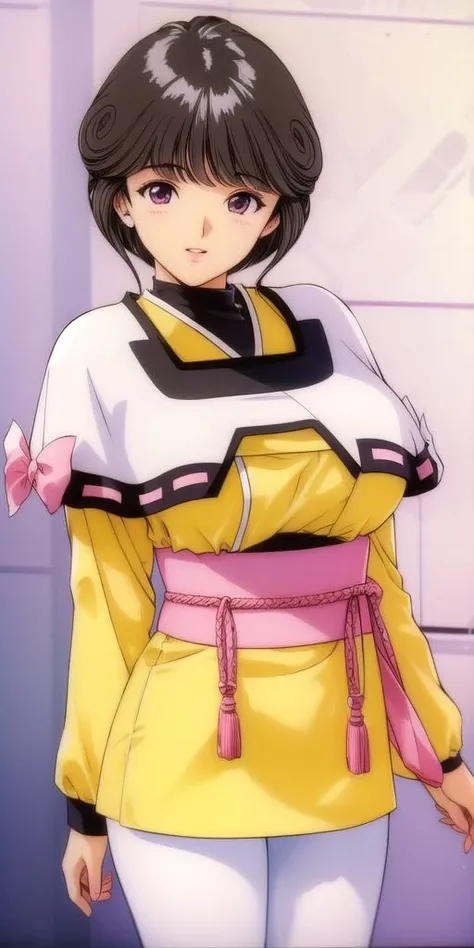 <lora:Amano_AiV3:0.7> amano_ai, huge_breasts, standing, solo, yellow_short_kimono_white_pantyhose_white_capelet_pink_obi_pink_bow, masterpiece, best quality, detailed face, detailed eyes, highres,