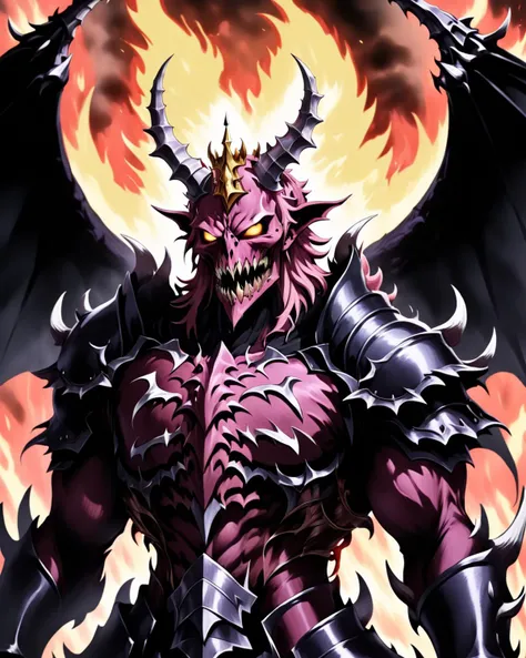 Huge muscles,Devilish wings,Devilish horns,Clear liquid dripping from penis,black costume,Huge erect penis,Ready your weapon,Wearing an evil aura,Possessed by demons,