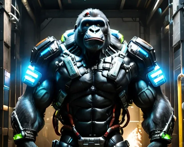 raw photo,cinematic shot,photorealistic,solo,cybermutant harambe has been rebuilt using german science,inudstrial,biomechanical,cybernetic limbs,cybernetic attachments,glowing tubes,<lora:Fleshmutant:0.75>
