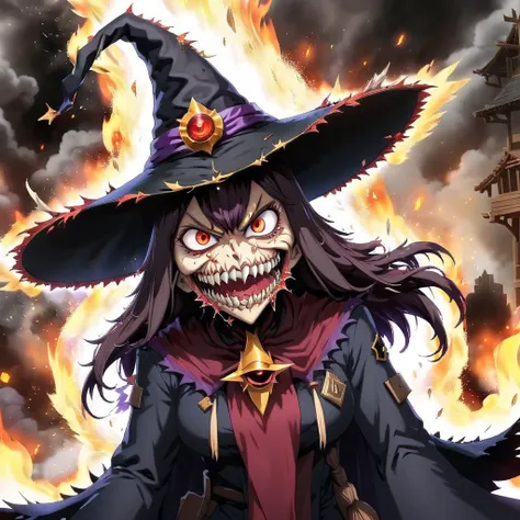1girl,solo,portrait,close-up,evil grin,crazy eyes,megumin,witch hat,2d,anime,scene from kono subarashii sekai ni shukufuku wo!, <lora:FleshMonstrosityXLV2:0.35>