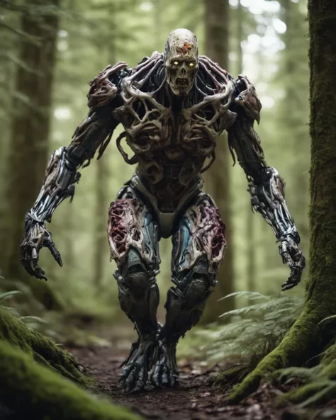solo,horror,full body,a mutated flesh  robot zombie running in a forest,cybernetic,biomechanical,bionic enhancements,armor plating,raw photo,8k,cinematic shot,indoors,<lora:FleshMonstrosityXL:0.5>