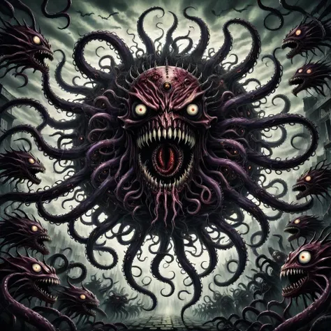 a grotesque eldritch entity comprised of a multitude of eyes and mouths and tentacles, 2d,anime style,scene from hellsing,<lora:FleshMonstrosityXLV2:0.6>