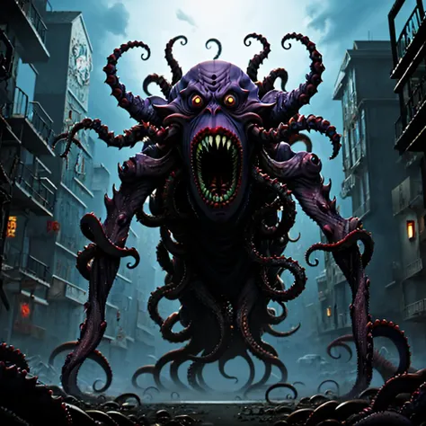 best quality,masterpiece,a grotesque eldritch entity comprised of a multitude of eyes and mouths and tentacles, 2d,anime style,scene from hellsing,fleshmutant,<lora:15FleshMonstrosityV2:0.6>