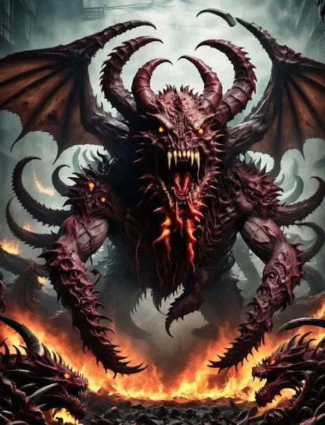 best quality,masterpiece,raw photo,realistic,a fleshmutant demon with multiple heads and mouths emerging from a fiery pit,claws,extra heads,covered in eyes,<lora:XLFleshMonstrosityV2:1>