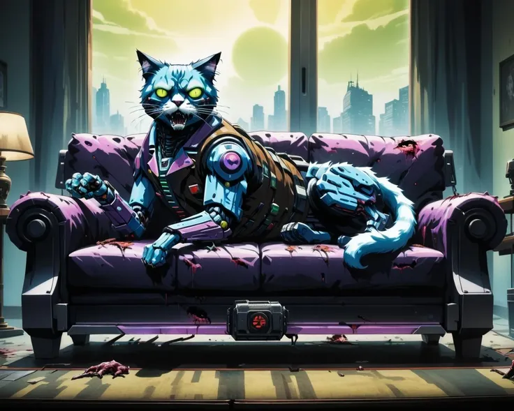 best quality,masterpiece,a (cybermutant) zombie cat on a couch,cybernetic enhancements,anime,2d,<lora:Fleshmutant:0.8>