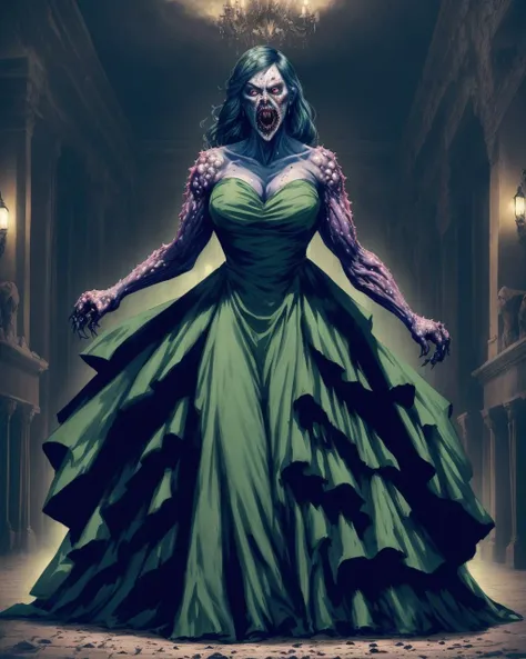 masterpiece,absurdres,best quality,full body,a fleshmutant woman covered in tumors and fleshy growths wearing a ball gown in a ballroom,body horror,<lora:Fleshmutant15V2:1>