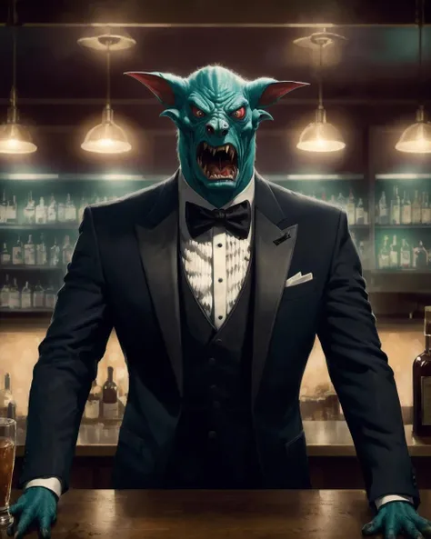 serious man in a business suit contemplating the universe, as angry jello monster gangsters are playing cards around him.