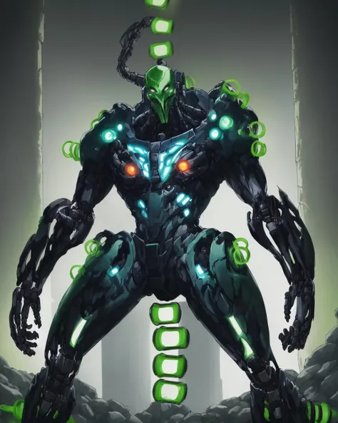 masterpiece,absurdres,best quality,full body,a robotic body cybermutant fleshmutant covered in fleshy growths and glowing green tubes,biomechanical body horror,<lora:Fleshmutant15V2:1>