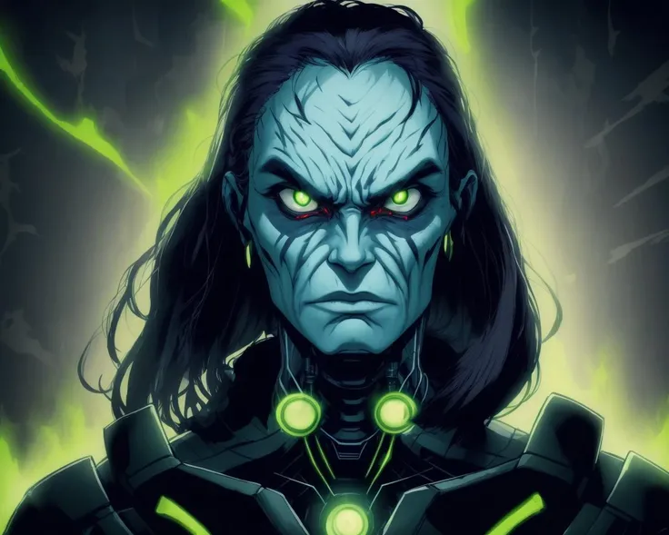 masterpiece,absurdres,best quality,cropped,portrait of an annoyed cybermutant woman with cybernetic attachments and glowing eyes,<lora:Fleshmutant15V2:1>