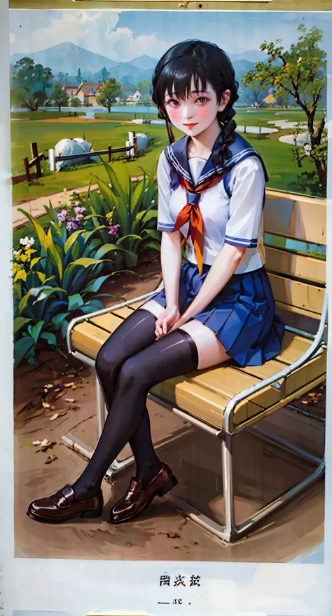 best quality, masterpiece, <lora:Yuefenpai:0.9>, yuefenpai, 1girl, large breasts, black hair, swept bangs, smile, long hair, glasses, single braid, full body, serafuku, pleated skirt, black thighhighs, loafers, sitting on a bench, outdoors, garden