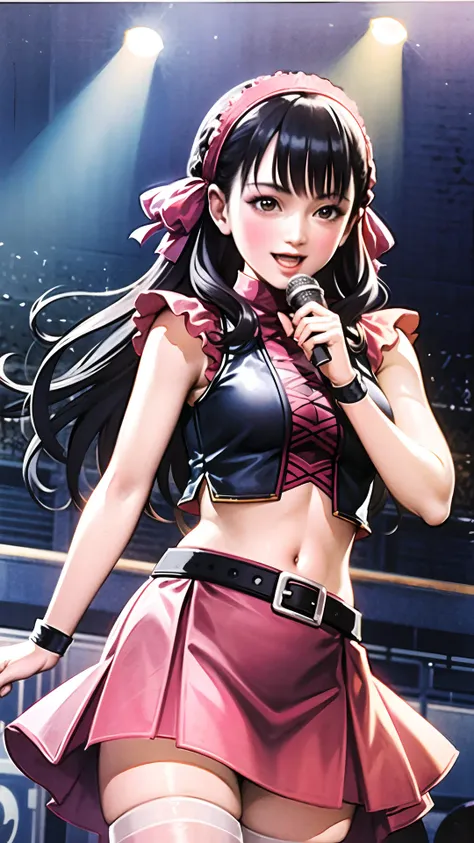 best quality, masterpiece, <lora:Yuefenpai:0.7>, yuefenpai, 1girl, black hair, :d, long hair, cowboy shot, idol, miniskirt, midriff, thighhighs, singing, on stage