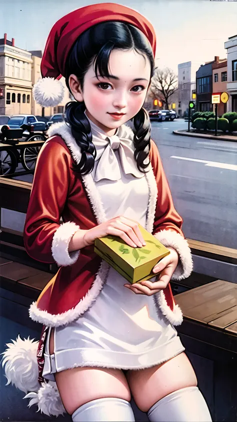 best quality, masterpiece, <lora:Yuefenpai:0.66>, yuefenpai, 1girl, walking, black hair, long hair, twintails, cowboy shot, santa dress, santa hat, white thighhighs, street, night