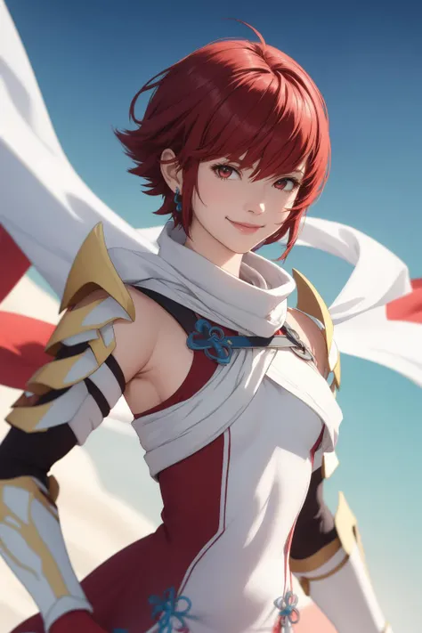 masterpiece, best quality, hinoka, short dress, white scarf, shoulder armor, vambraces, red gloves, upper body, looking at viewer, smile<lora:hinoka-nvwls-v1-final:0.9>