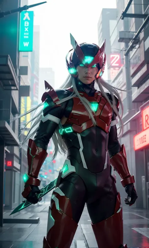 megzeromyth2023, 1boy, long white hair, red armor, green energy sword, 8k, uhd, best quality, masterpiece, intricate, photorealistic, glowing green eyes, cyberpunk city, night, neon signs, science fiction,