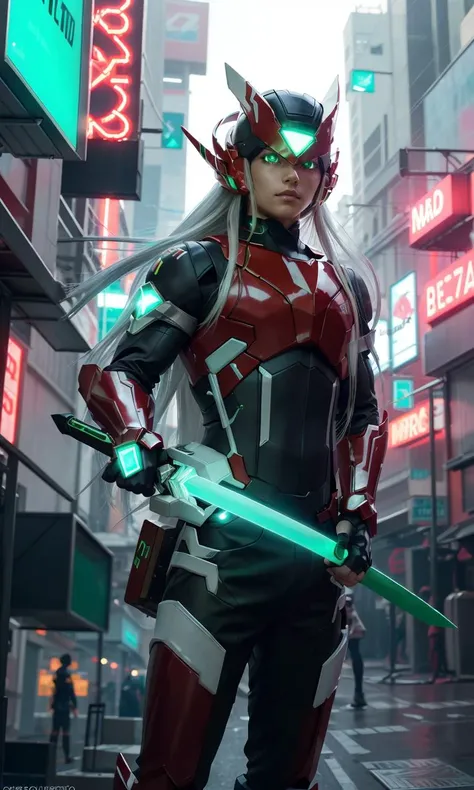 megzeromyth2023, 1boy, long white hair, red armor, green energy sword, 8k, uhd, best quality, masterpiece, intricate, photorealistic, glowing green eyes, cyberpunk city, night, neon signs, science fiction,