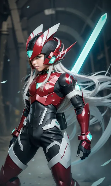 megzeromyth2023,1boy, long white hair, red armor, green energy sword, 8k, uhd, best quality, masterpiece, intricate,