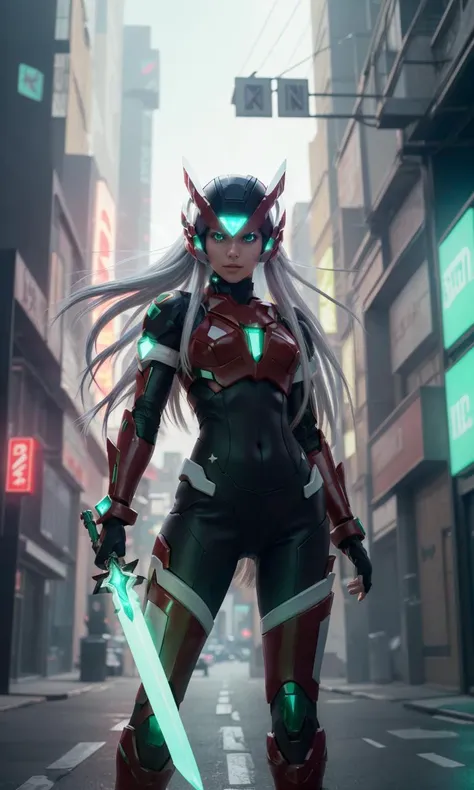 megzeromyth2023, 1boy, long white hair, red armor, green energy sword, 8k, uhd, best quality, masterpiece, intricate,  photorealistic, mask, glowing green eyes, cyberpunk city,