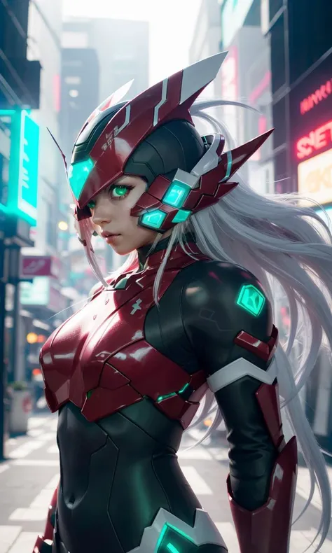 megzeromyth2023, 1girl, long white hair, large breasts, toned, red armor, green energy sword, 8k, uhd, best quality, masterpiece, intricate, photorealistic, glowing green eyes, cyberpunk city, night, neon signs, science fiction