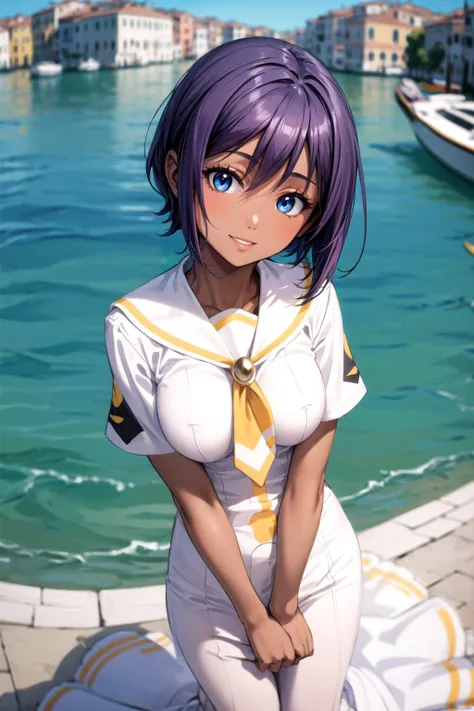 (masterpiece, best quality, detailed), 1girl, solo, athenag, (dark-skinned female, dark skin), purple hair, blue eyes, short hair, medium breasts, looking at viewer, uniform,
outdoors, venice, <lora:breasts_squeezed_together_v0.2:1> (breasts squeezed together, v arms),from above, fisheye, parted lips, smile